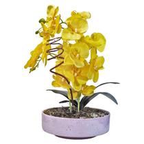 Vaso Cerâmica Cumbuca Rosa Lilás Arranjo Orquídeas Amarelas - M3 Decoração
