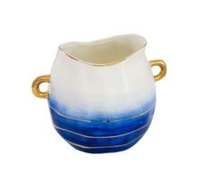 Vaso Ceramica Degradê Branco e Azul Alças Dourado Luxo