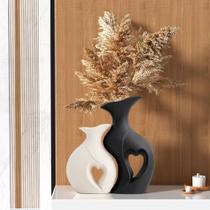 Vaso Cerâmica em Forma de Coração Preto e Branco - Conjunto com 2 Peças