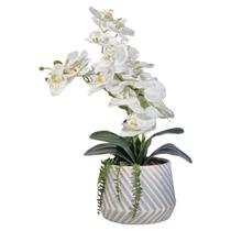 Vaso Cerâmica Frisado Branco Azul Com Flor Orquídeas Brancas Vaso Cerâmica Frisado Branco Azul Com Flor Orquídeas Brancas