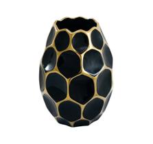 Vaso Ceramica Maior Preto Dourado Relevo Sextavado Luxo