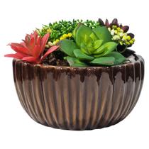 Vaso Cerâmica Terrário Cumbuca Frisada Marrom Suculenta 17cm