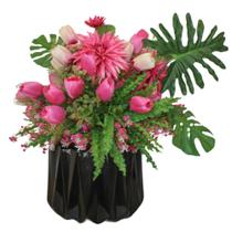 Vaso Com Arranjo de Flores Artificiais Tulipas e Costela de Adão