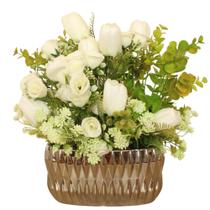 Vaso Com Arranjo de Flores Tulipas Brancas Artificiais