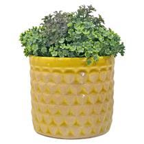 Vaso De Cerâmica Amarelo 3D Facetado Arranjo Folhagem 18x15