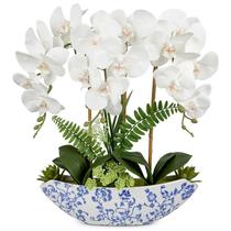 Vaso de cerâmica azul branco Briful de 46 cm com flores de orquídea artificial