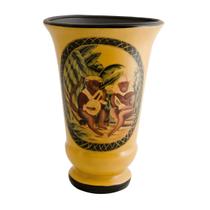 Vaso de cerâmica com acabamento laqueado (laca chinesa), fundo mostarda e pintura à mão (18 x 18 x 25 cm) (20)