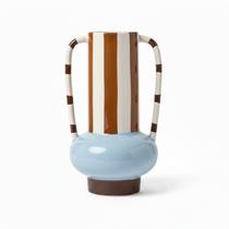 Vaso de Cerâmica Listrado com Alça Dupla Colorido Flores Decoração 28cm