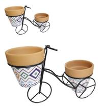 Vaso de ceramica redondo 2 pçs +suporte triciclo 25x17x10cm