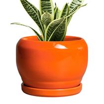 Vaso de cerâmica SQOWL 15 cm laranja com orifício de drenagem e pires