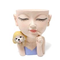 Vaso de flores Creative Resin Girl com rosto de desenho animado de cachorrinho de 17 cm