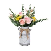 Vaso de flores LIBWYS Metal Milk Can rústico com rosa e eucalipto