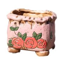 Vaso de flores quadrado de cerâmica pintado à mão com design de rosa 8x7,5x6,8cm