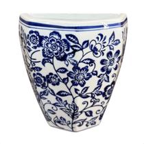 Vaso de Parede em Porcelana Branco e Azul Floral 17,5x9x18,5cm Vaso de Parede em Porcelana Branco e Azul Floral 17,5x9x18,5cm