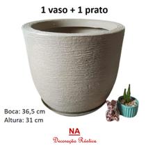 Vaso de planta polietileno plástico redondo grande escovado com prato bege - NA - Decoração Rústica