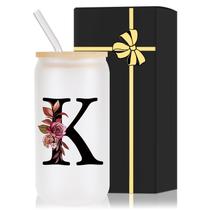 Vaso de Vidrio para Beber Wulcea 470ml con Monograma, Tapa de Bambú y Popote Vaso de Vidrio para Beber Wulcea 470ml con Monograma, Tapa de Bambú y Popote