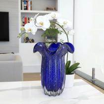 Vaso de Vidro Murano Azul Royal Com Dourado 26 Cm