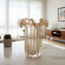 Vaso De Vidro Murano Incolor Com Dourado 25cm