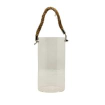Vaso de Vidro Tubo Transparente c/Alça Corda Sizal 10 x 20cm