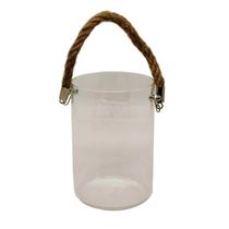 Vaso de Vidro Tubo Transparente c/Alça Corda Sizal 10x15cm