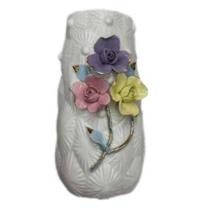 Vaso Decor Branco Flores Coloridas c/Borda Dourada 9x19cm