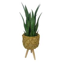 Vaso Decorativo Cachepot em Fibra Natural Dourado com Pés Madeira 20x31 cm