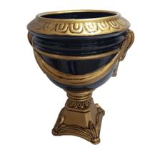 Vaso Decorativo Cerâmica Preto + Alto Relevo + Base em Ouro Velho