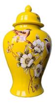 Vaso Decorativo Porcelana Amarelo Pássaros Com Tampa 32x19