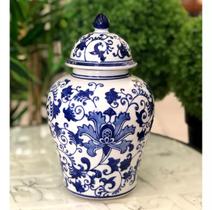 Vaso Decorativo Porcelana Azul E Branca Com Tampa 29 X 16