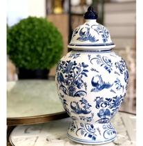 Vaso Decorativo Porcelana Azul E Branca Com Tampa 35x34