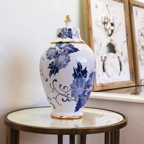Vaso Decorativo Porcelana Azul E Branco Dourado 39X20
