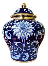 Vaso Decorativo Porcelana Azul Marinho Branco Dourado 24x19 - Vacheron
