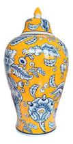 Vaso Decorativo Porcelana Laranja Azul Floral 35x18 - Vacheron