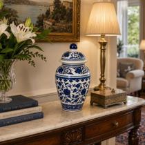 Vaso Decorativo Potiche Bojudo Português Azul Branco-22 cm