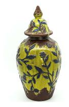 Vaso Decorativo Tampa Cerâmica Verde Abacate Floral 40x18