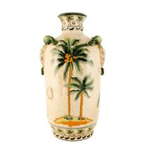 Vaso em cerâmica com acabamento Craquelê Fundo claro com pintura de 2 coqueiros em variações de tons verde e amarelo