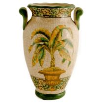 Vaso em cerâmica Craquelê, com pintura de palmeira mista (21x18x31 cm)