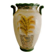 Vaso em cerâmica Craquelê, fundo claro com pintura de palmeira amarela