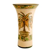 Vaso em cerâmica Craquelê, fundo claro com pintura de palmeira de folhas amarelas e verdes