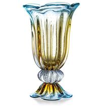 Vaso Em Cristal Murano Azul - Assinado - São Marcos 50Cm