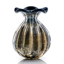 Vaso Em Cristal Murano Preto E Ouro 24K - São Marcos 18Cm