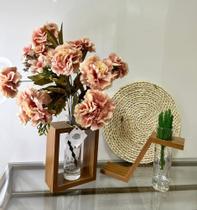 Vaso em mdf amadeirado marrom escuro com vidro para flores e arranjos naturais e artificiais