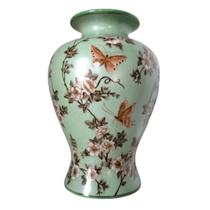 Vaso em Porcelana Craquelê Verde Água com Borboletas e Flores