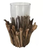 Vaso em vidro com cachepot em madeira dry 32x23cm