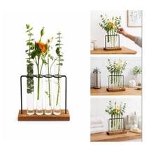 Vaso Hidropônico Decorativo Kit 4 Tubos de Vidro Cilíndrico em Madeira e Ferro Transparente Yeet Vaso Hidropônico Decorativo Kit 4 Tubos de Vidro Cilíndrico em Madeira e Ferro Transparente Yeet