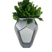 Vaso luxo de vidro prata espelhado com planta artificial