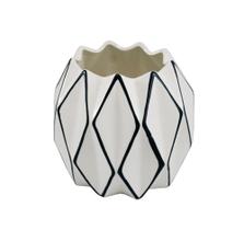 Vaso Medio Cerâmica Branco Geometrico Detalhe Preto Luxo