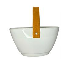 Vaso Oval Cerâmica Branco c/ Alça Couro 25cm Decô