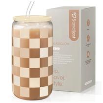 Vaso para Beber SANDJEST 470ml con Tapa de Vidrio y Popote Beige a Cuadros Vaso para Beber SANDJEST 470ml con Tapa de Vidrio y Popote Beige a Cuadros