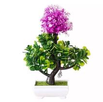 Vaso Planta Artificial Bonsai Flores Roxa Folhas Verde Q7411